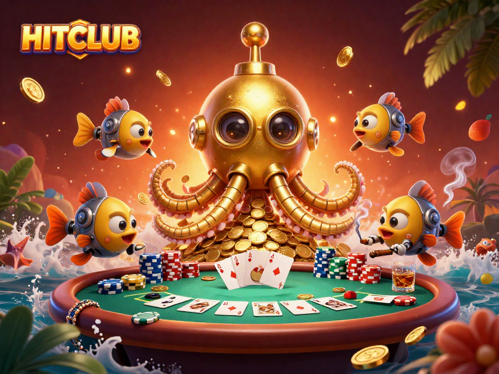 Engage with HITCLUB's 3D casino adventure featuring a golden kraken and poker excitement.