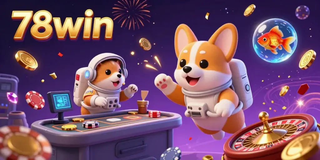 Experience the dynamic fun of 78win casino with a floating astronaut corgi and casino elements in space.