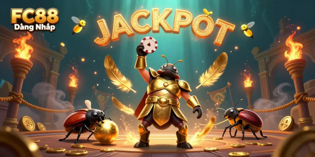 Experience the excitement of FC88 Đăng Nhập with our heroic beetles celebrating a winning moment in a vibrant gaming environment.