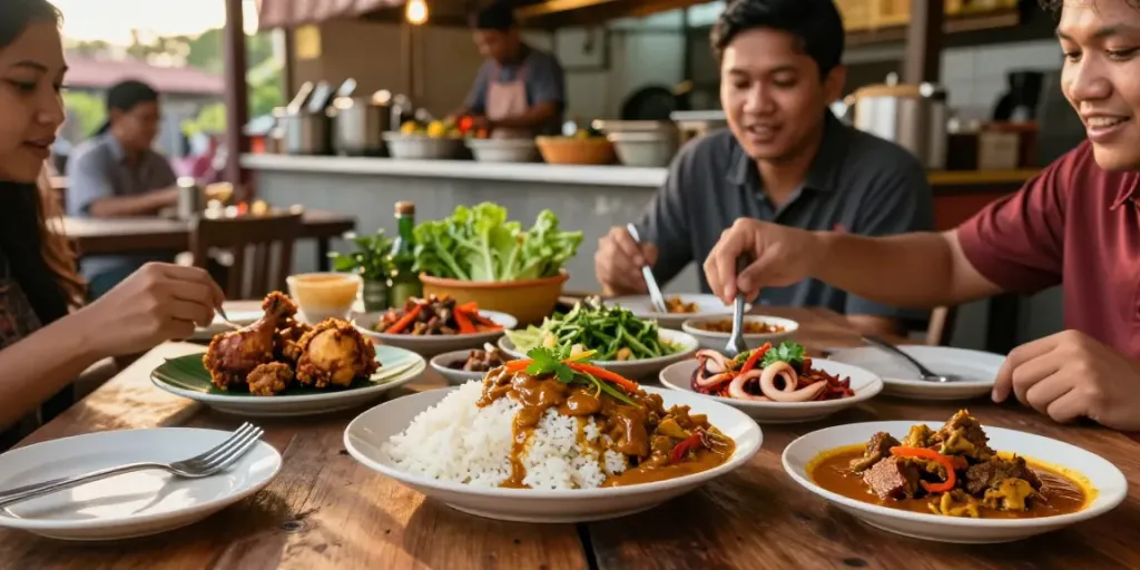 Nasi Kandar with vibrant curry sauces and side dishes at rokok88 login, showcasing authentic Malaysian dining experience.