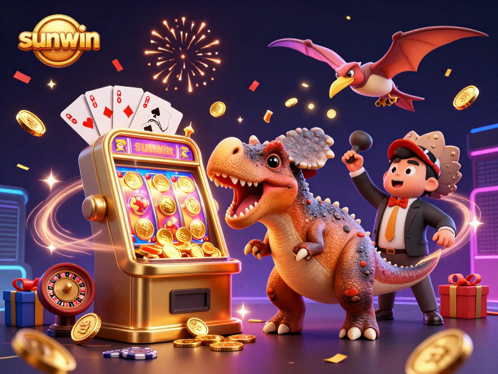 sunwin jackpot celebration scene depicting 3D cartoon dinosaurs winning casino coins