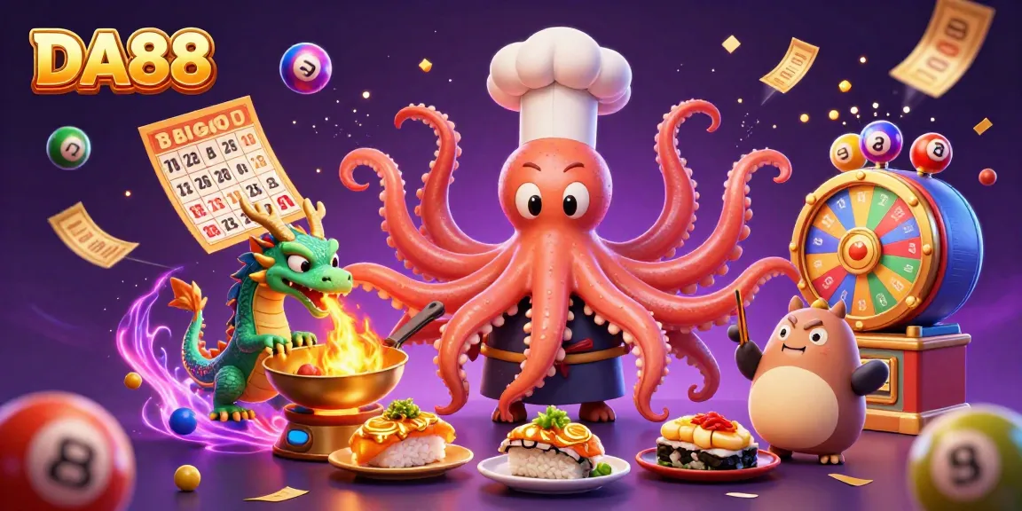 Engage in exciting games at DA88 with vibrant scenes of a sushi chef octopus and dragon!