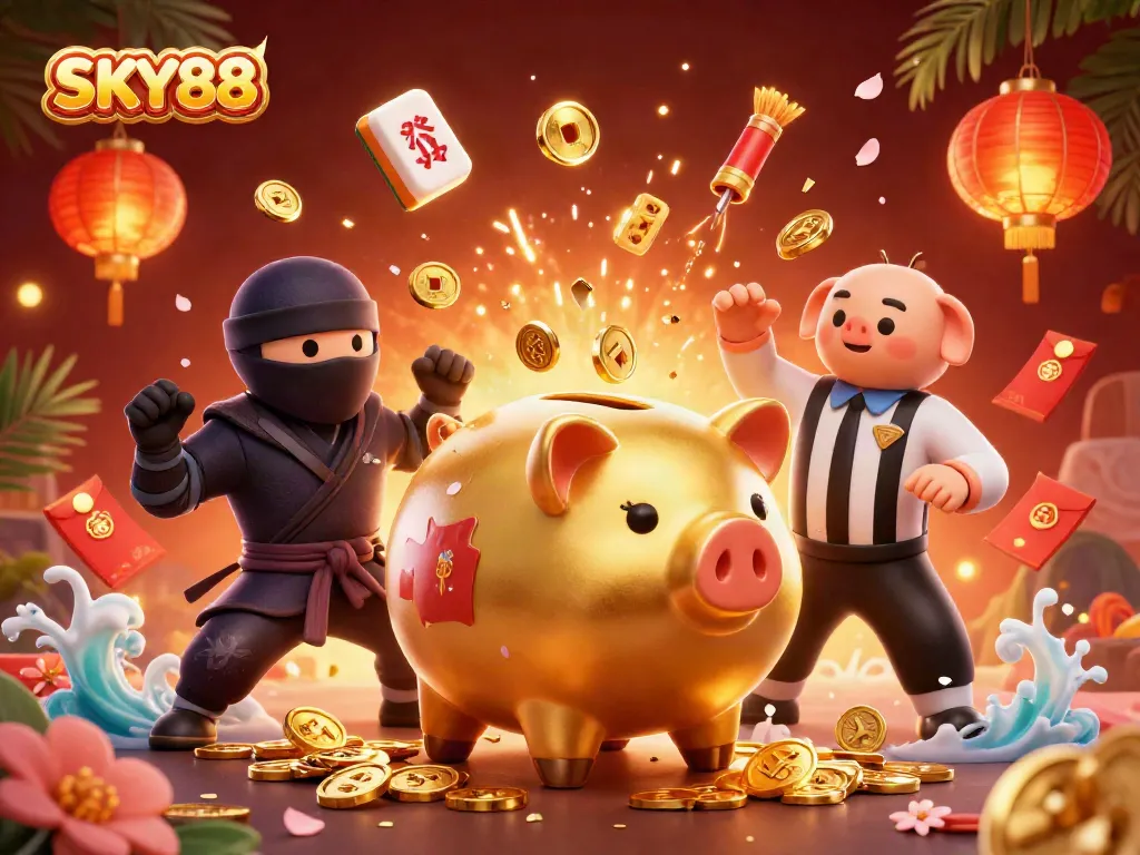 Experience the thrill of winning at SKY88 with a lively 3D gambling illustration featuring characters and festive elements.