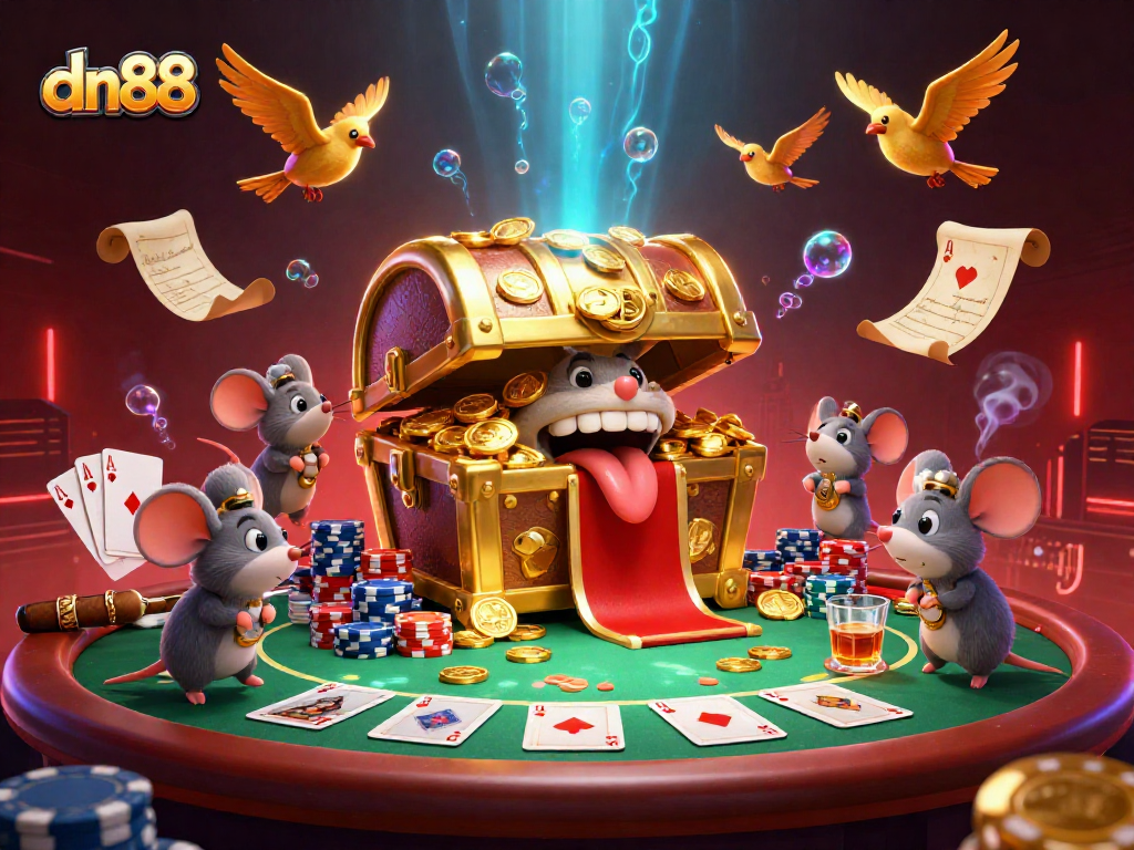 Experience thrilling gameplay at dn88, where a treasure chest beckons adventurer mice amidst vibrant casino elements.