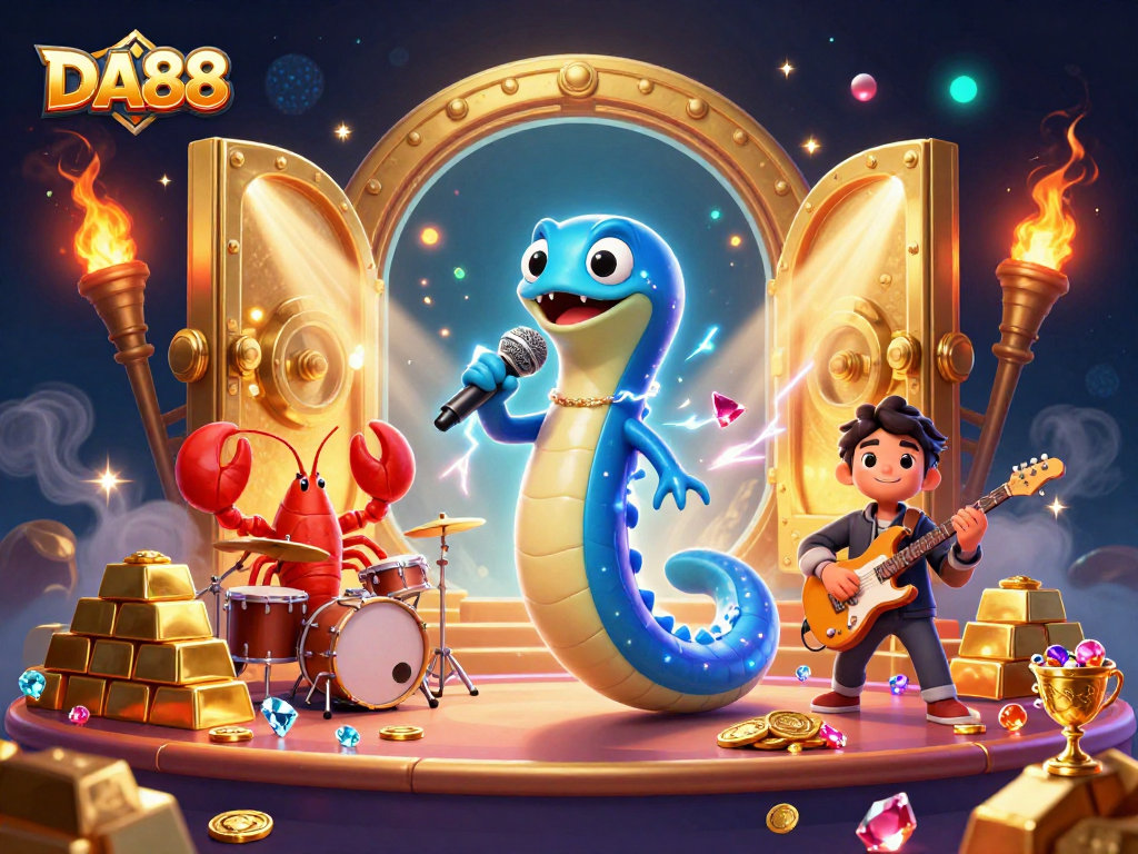 Experience DA88's vibrant underwater casino scene featuring an electric eel DJ and lively band.