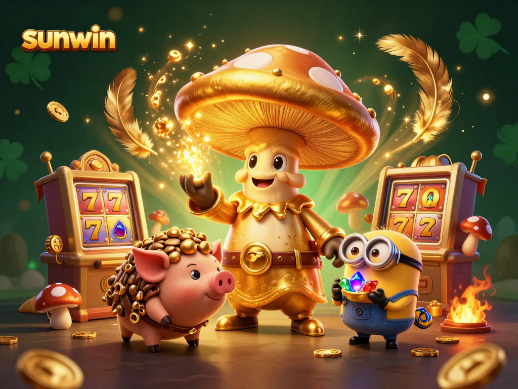 Join the fun at sunwin with a golden mushroom wizard and truffle pig in a vibrant casino scene.