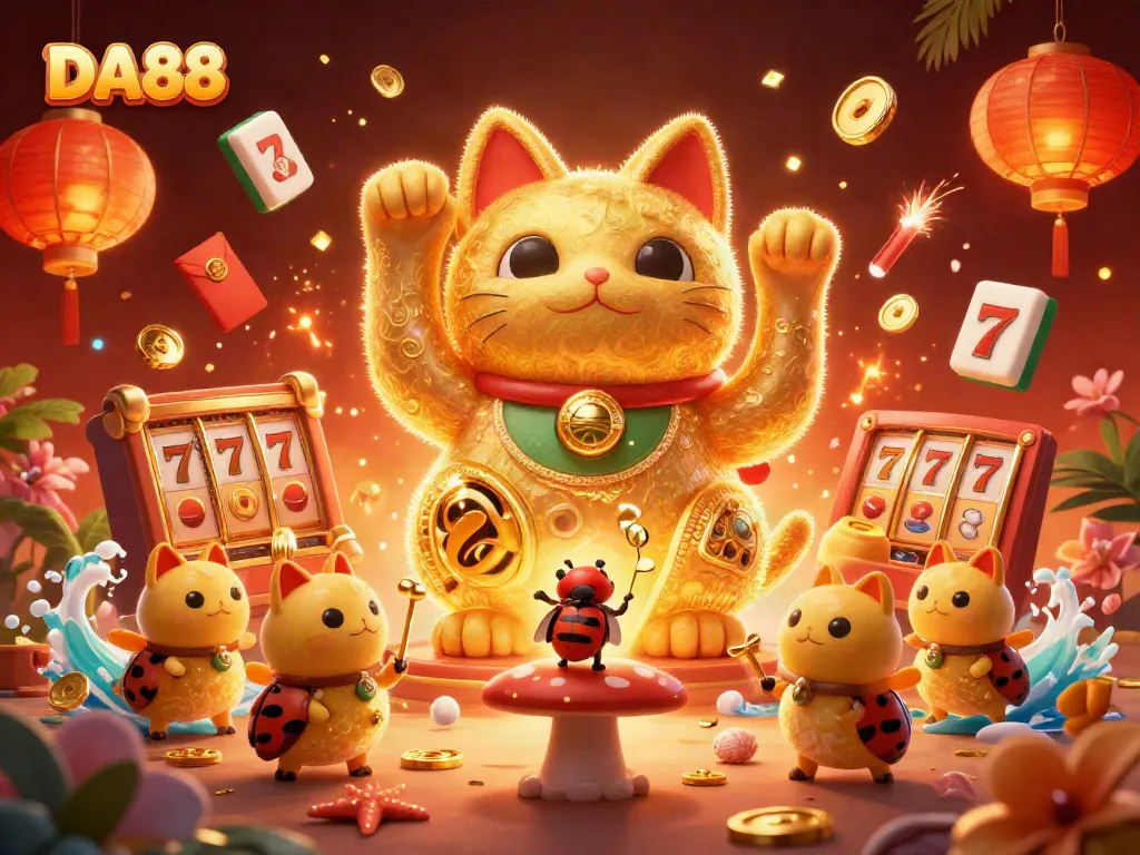 Experience thrilling gaming with DA88, showcased through vibrant casino symbols and a lucky cat.