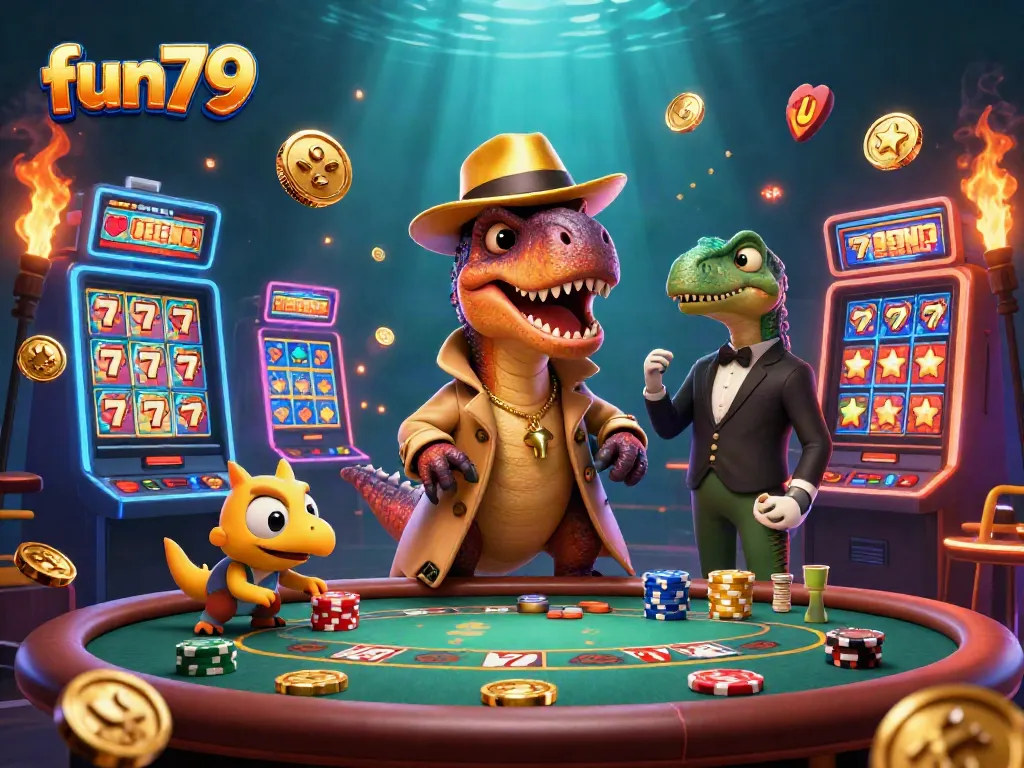 Experience the fun79 online casino dynamic with 3D characters at a blackjack table amidst vibrant slot machines.