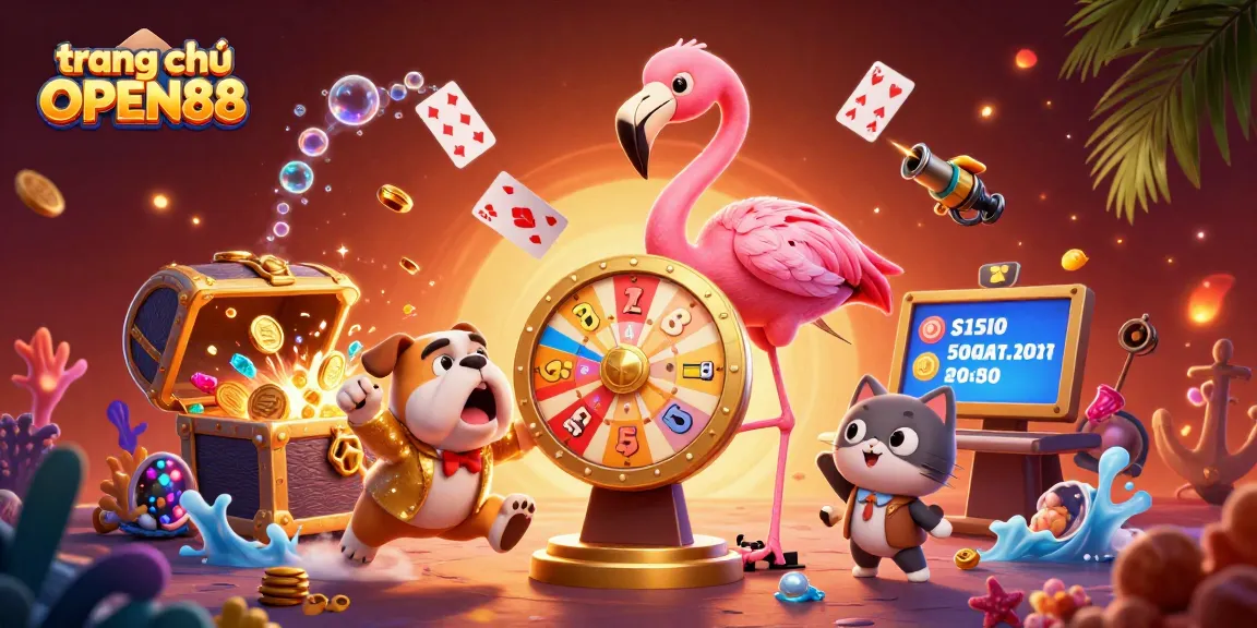 Engage in thrilling gaming action at trang chủ OPEN88 with vibrant 3D casino-themed illustration featuring prizes and excitement.