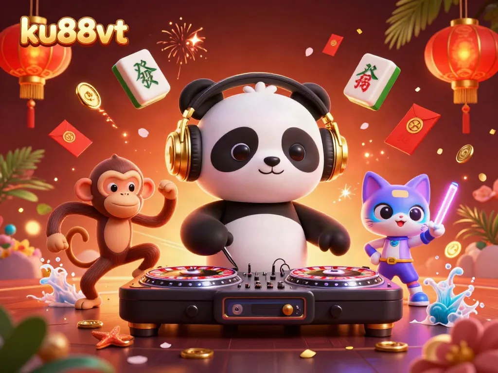 A dynamic representation of ku88vt showcasing a DJ panda and lively characters in a casino atmosphere filled with vibrant game elements.