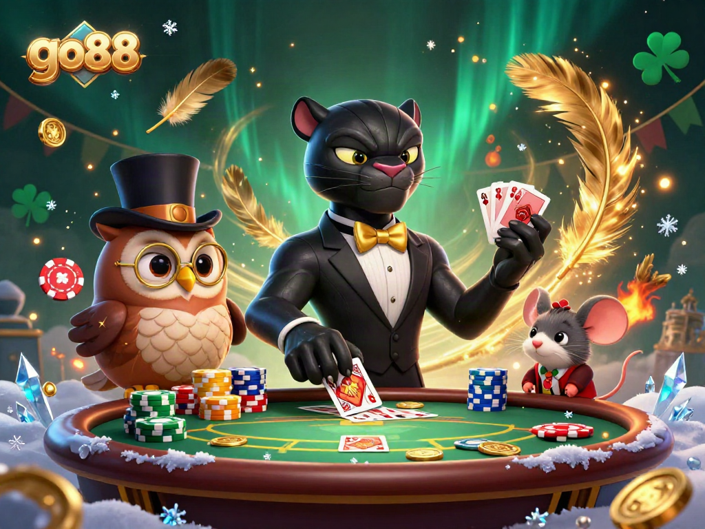 Engage with go88's dynamic casino action featuring a panther dealer, owl, and lucky mouse.