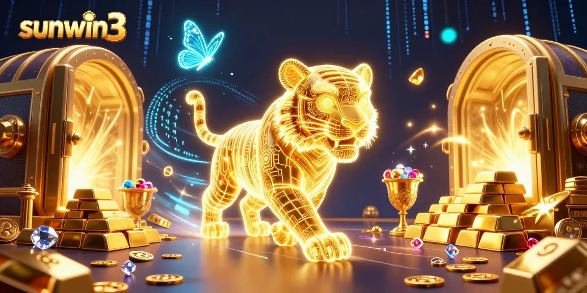 Engage in thrilling gameplay with sunwin3's vibrant digital casino scene featuring a neon tiger and treasures.