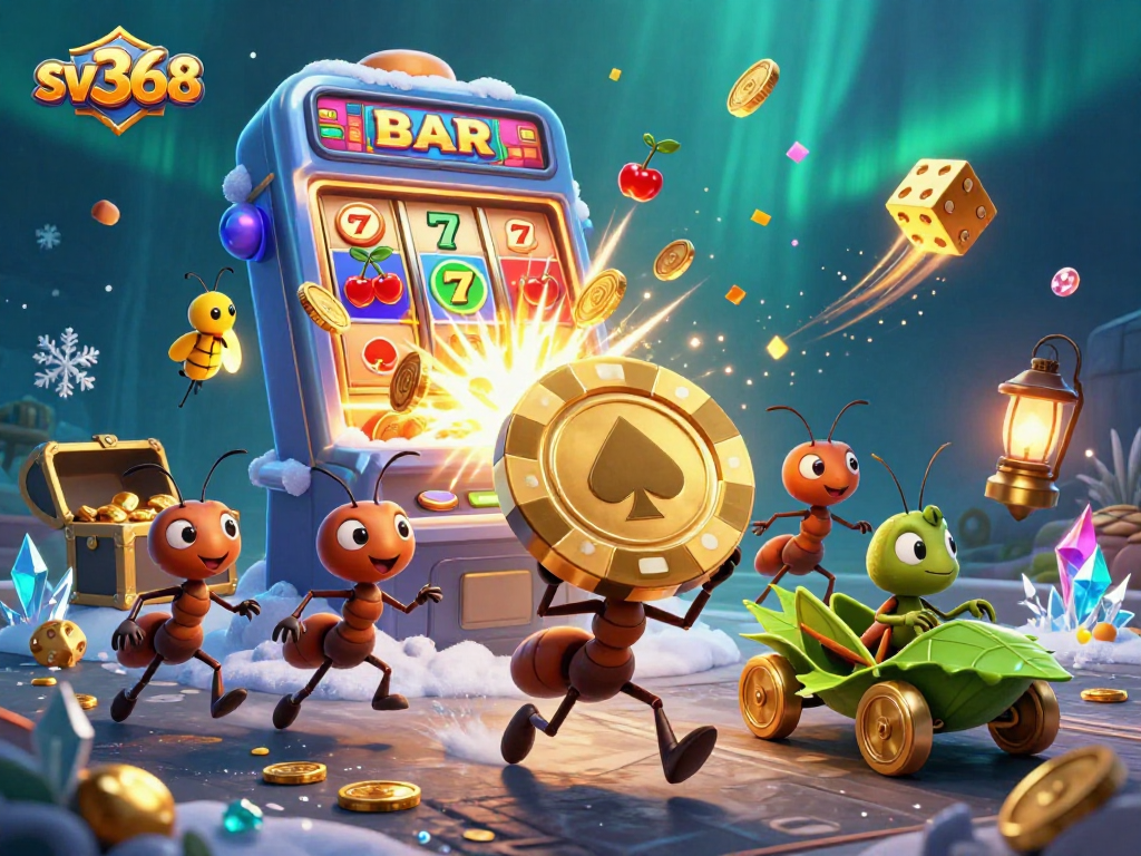 Experience the excitement of sv368 with a cartoon heist scene featuring ants and a jackpot explosion.
