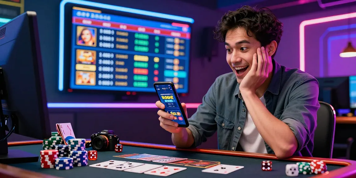 Excited online gamer using KO66 app with colorful gaming setup and promotional offers visible.