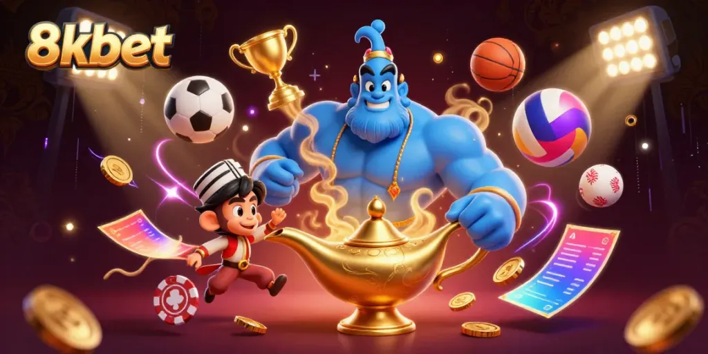 Engage in thrilling gaming adventures with 8xbet's elaborate casino magic scene featuring a genie and sports elements.