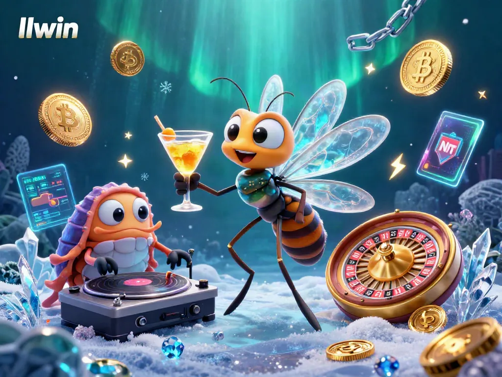 llwin mascot and futuristic roulette wheel create an engaging casino scene with crypto elements.