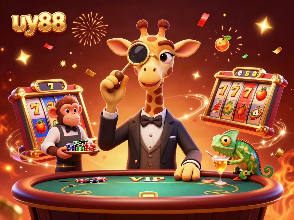 Experience uy88’s exciting slot game atmosphere with a lively cartoon giraffe and friends.
