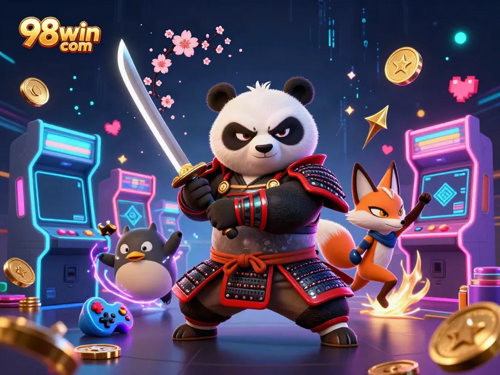 Engage in thrilling gameplay at 98win com featuring a dynamic gaming scene with samurai, ninja, and casino elements.