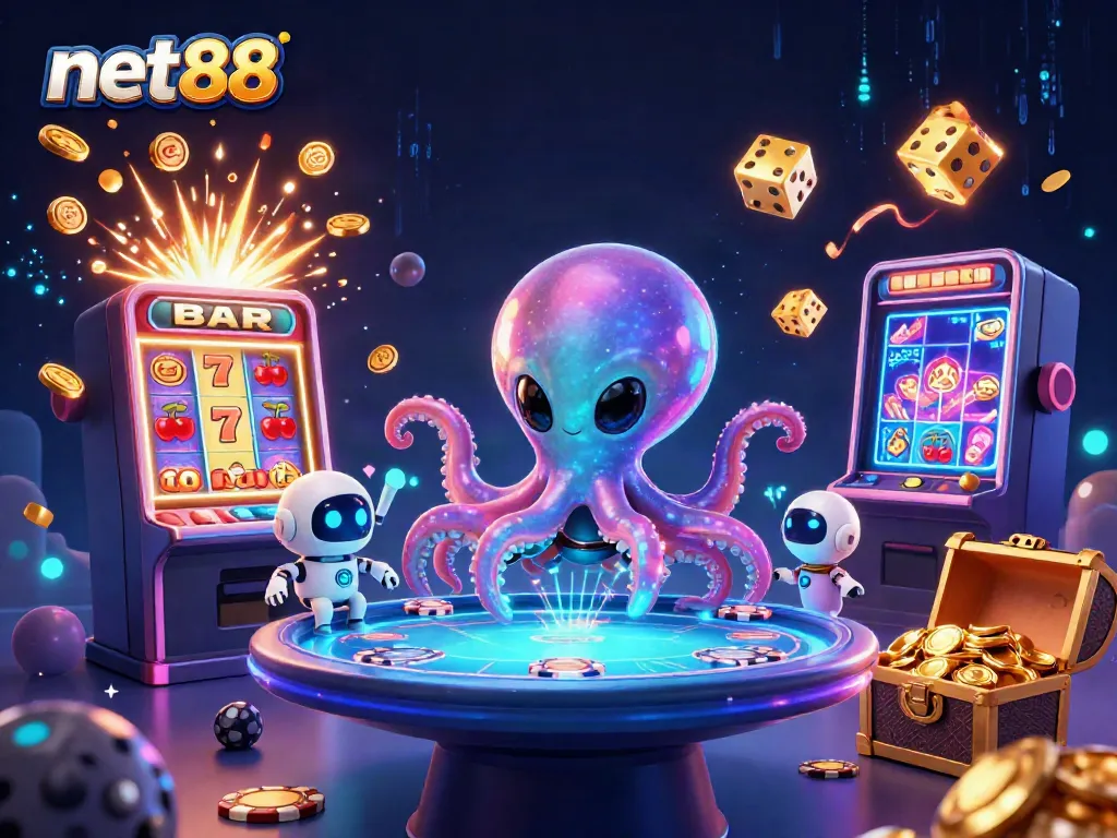 Experience thrilling gameplay at net88 as an octopus manipulates a holographic poker table, surrounded by vibrant casino elements.
