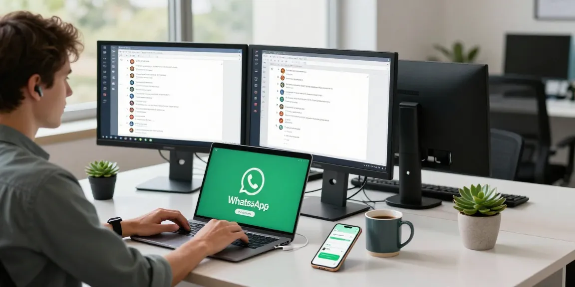 Engaged user on WhatsApp電腦版 in a modern workspace, showcasing desktop interactions.