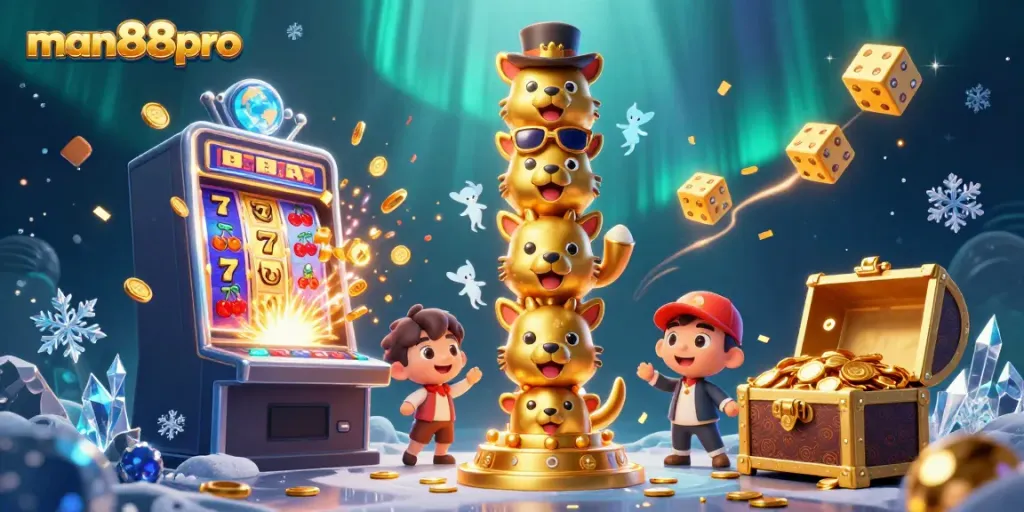 Maximize jackpots with man88pro featuring a 3D totem and a dynamic slot machine explosion in a vibrant casino scene.