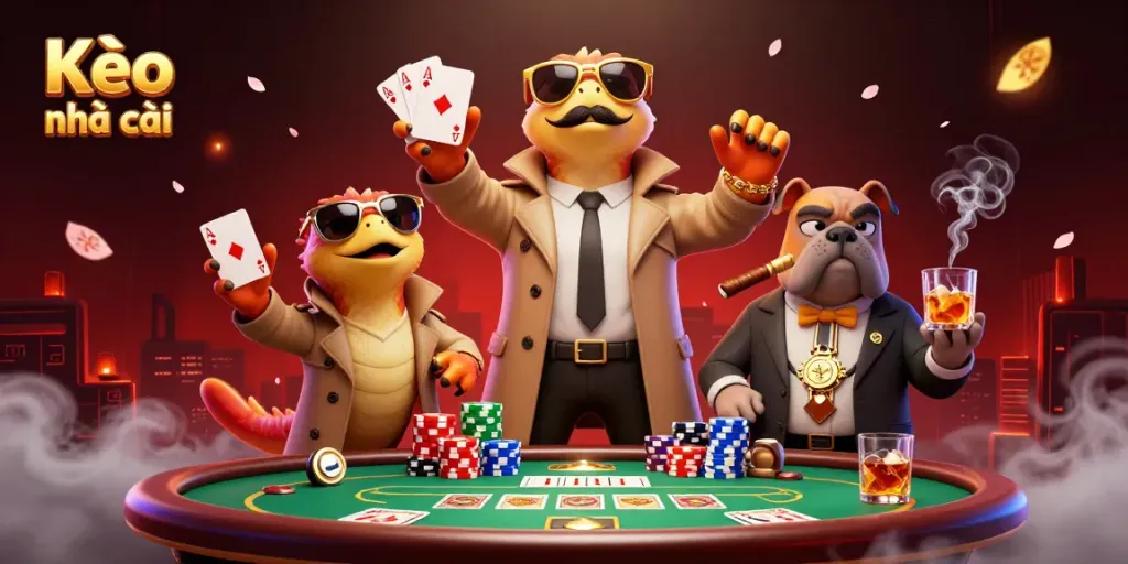 Raptors in trench coats attempting to enter a VIP lounge symbolize Kèo nhà cái with poker elements.
