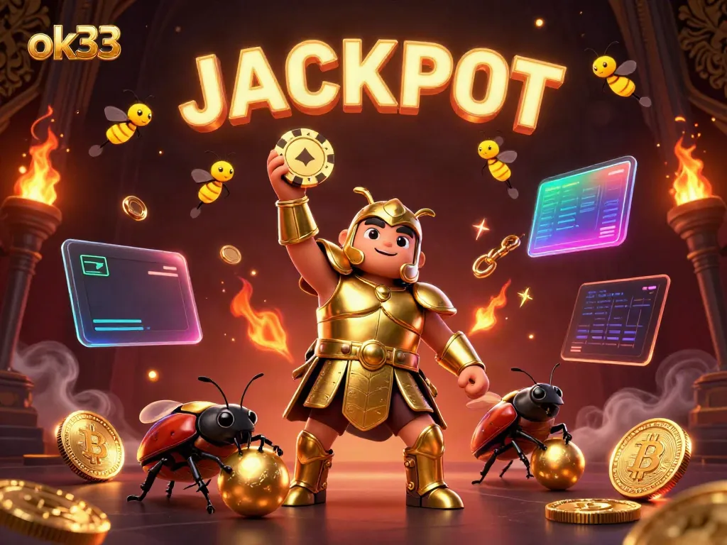 Engaging illustration of a victorious hercules beetle in gladiator armor with poker chips, embodying the spirit of ok33 gaming.