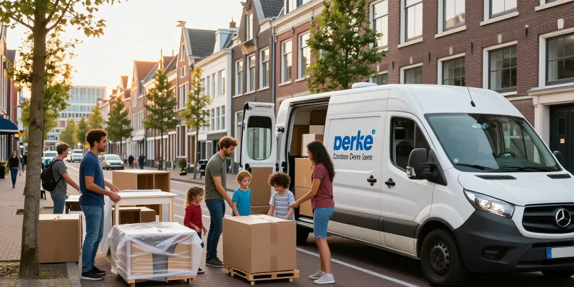 Family loading boxes with verhuisbedrijf den haag van on city street
