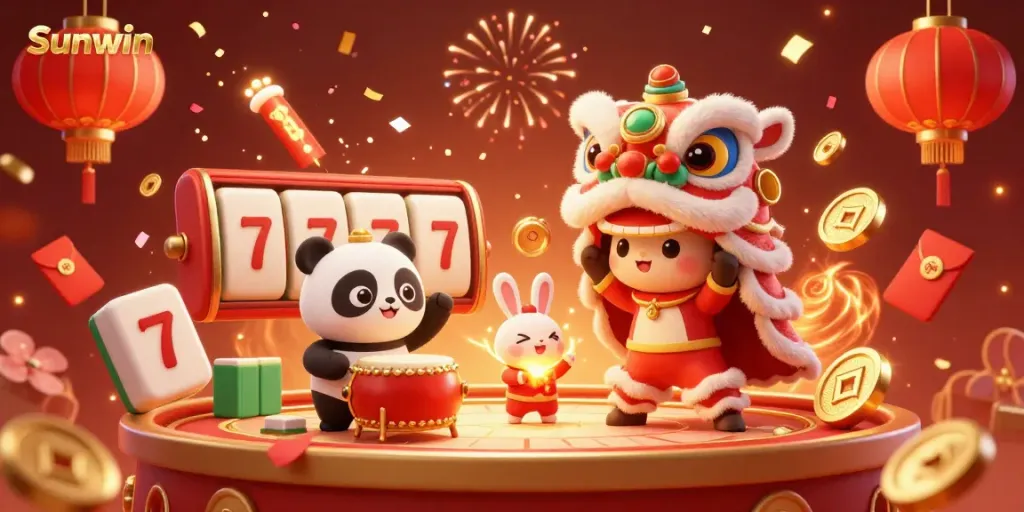Experience thrilling competition at Sunwin with vibrant 3D elements celebrating winnings in an exciting casino illustration.