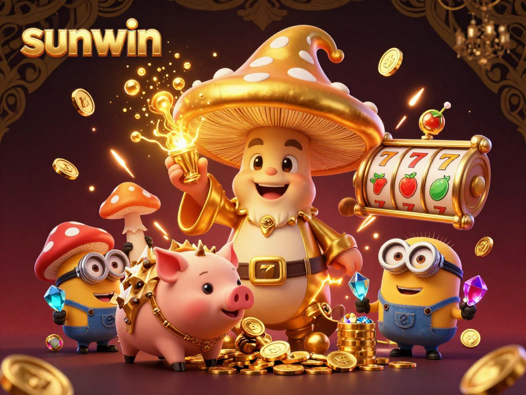 Join the magic of sunwin with a golden mushroom wizard and treasures in this vibrant casino scene.