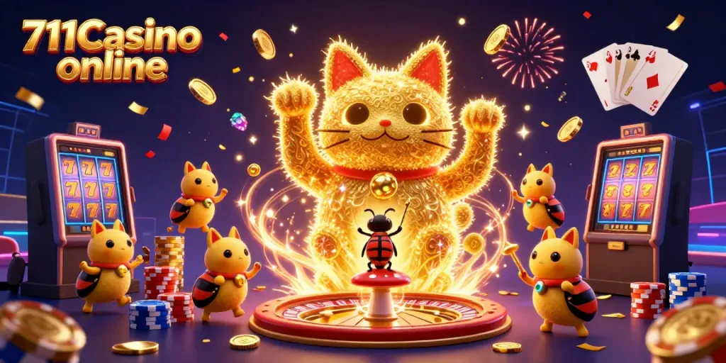 Beleef het plezier van 711Casino online met een mix van kleurrijke casino-elementen en een gelukkige kat.
