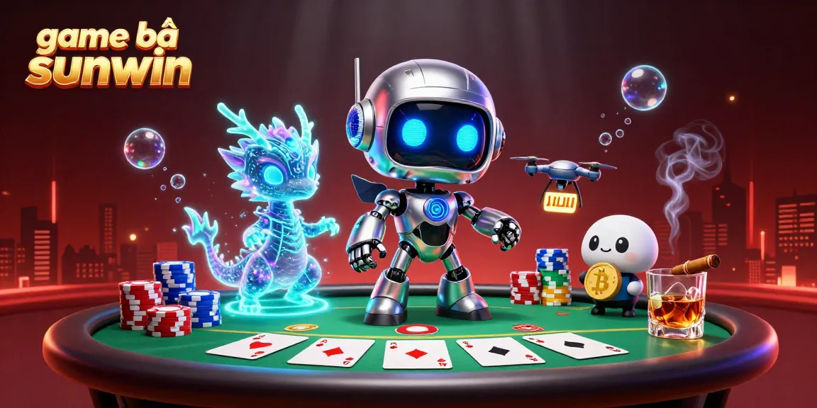 Engage in game bài sunwin with a vibrant illustration of casino elements and futuristic characters.