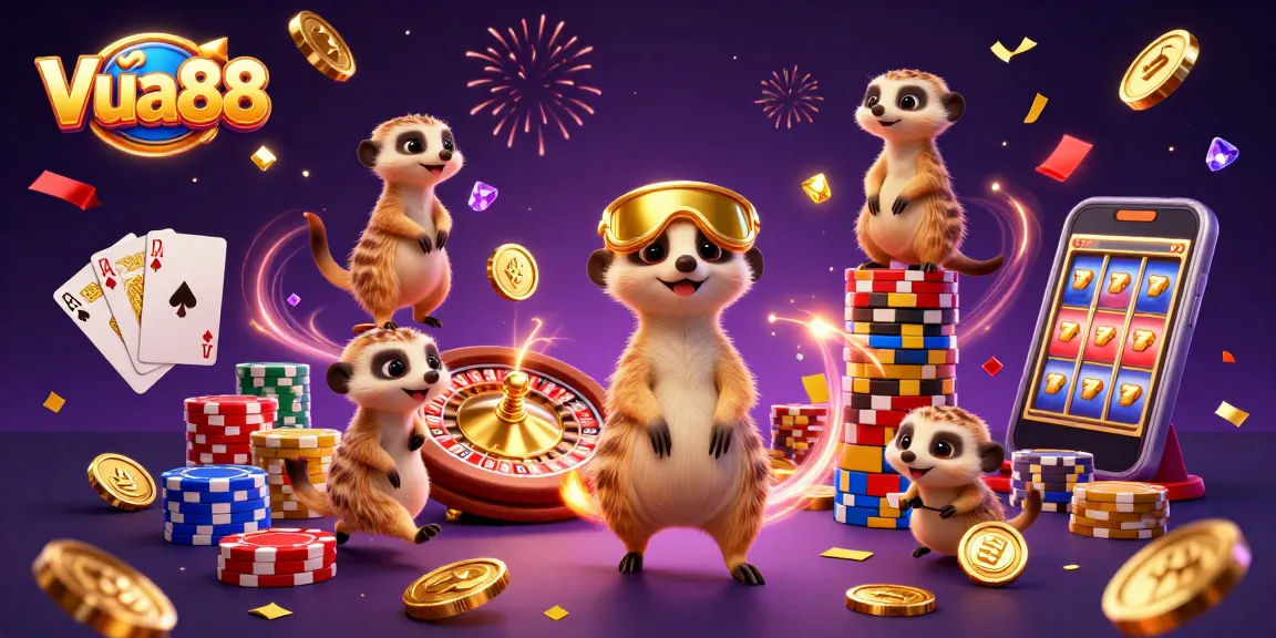 Vua88 casino meerkats celebrate with gold coins and games in a vibrant 3D illustration.