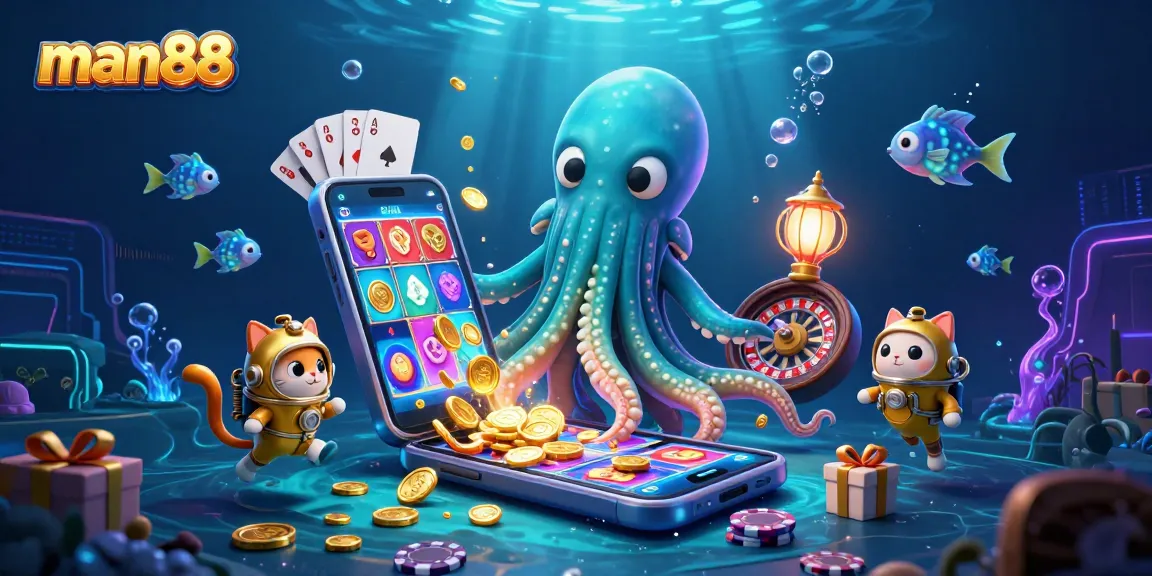 Experience thrilling gameplay with man88 as a kraken emerges in a vibrant casino scene.