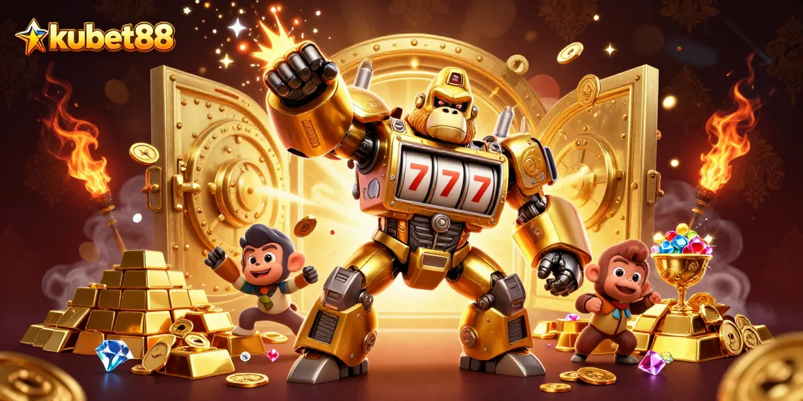 Experience the excitement of kubet88 with a dynamic 3D illustration of a golden gorilla mech and jackpots.