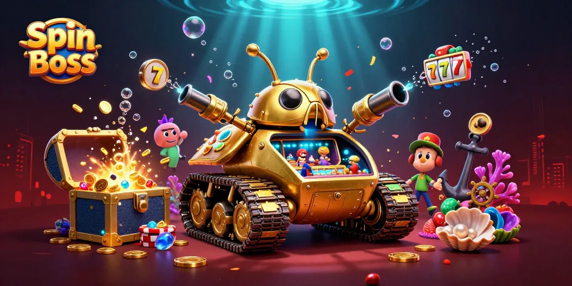 Join the fun at Spin Boss with a vibrant casino tank filled with slot games and treasures!
