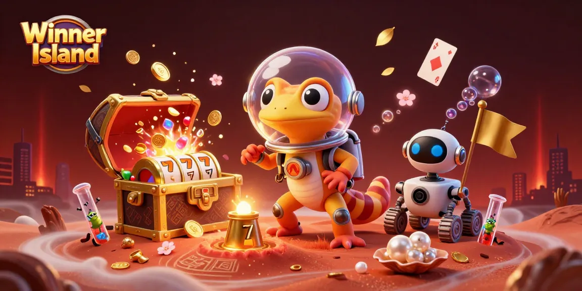 Experience thrilling wins at Winner Island casino with vibrant 3D visuals of a Martian gecko exploring a treasure-filled casino.