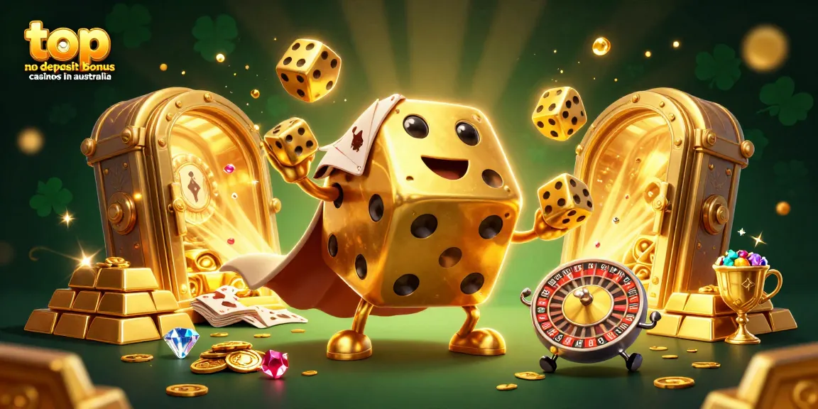 Engage with top no deposit bonus casinos in australia featuring a cartoon dice golem and gold treasures