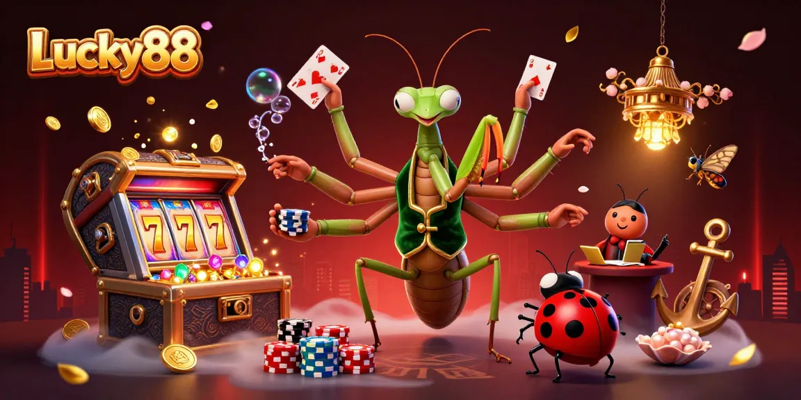 Engage with Lucky88 through vibrant 3D casino scene of a mantis dealer and ladybug pit boss.