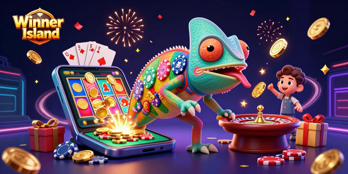 Experience excitement at Winner Island with a vibrant chameleon casino owner, colorful games, and golden coins!