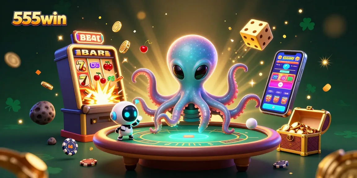 Engage with 555win's thrilling gaming universe featuring vibrant 3D illustrations of exciting casino action.