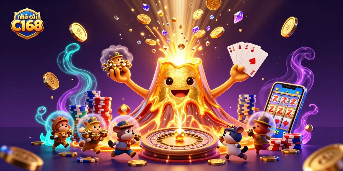 Experience the excitement at nhà cái C168 with this colorful casino-themed illustration, showcasing vibrant games and treasures.