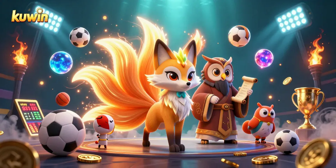 Kuwin offers an engaging sports betting experience with a vibrant nine-tailed fox and owl in a dynamic casino setting.