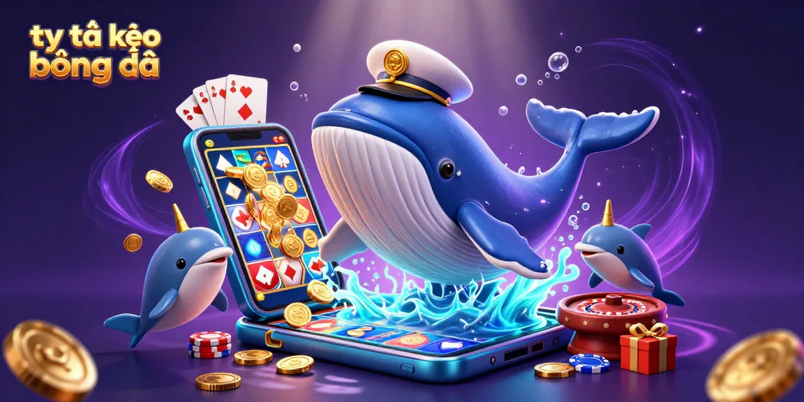 Engage in thrilling actions with tỷ lệ kèo bóng đá as the cartoon whale explores vibrant betting elements in a rich casino scene.