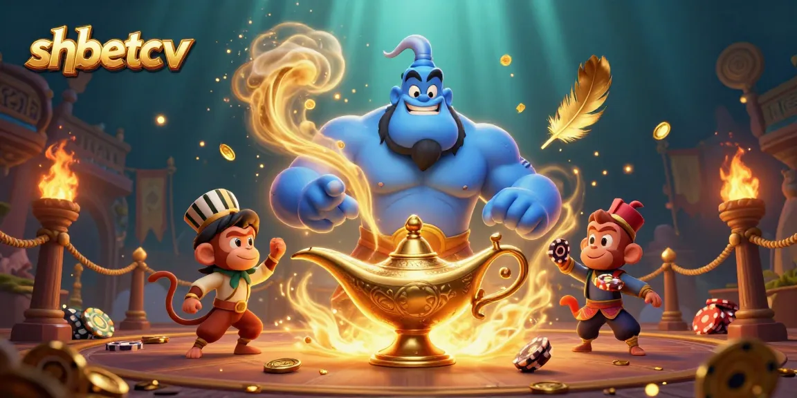 Engage with shbetcv featuring a blue genie and monkey on a magic carpet in a vibrant casino scene.