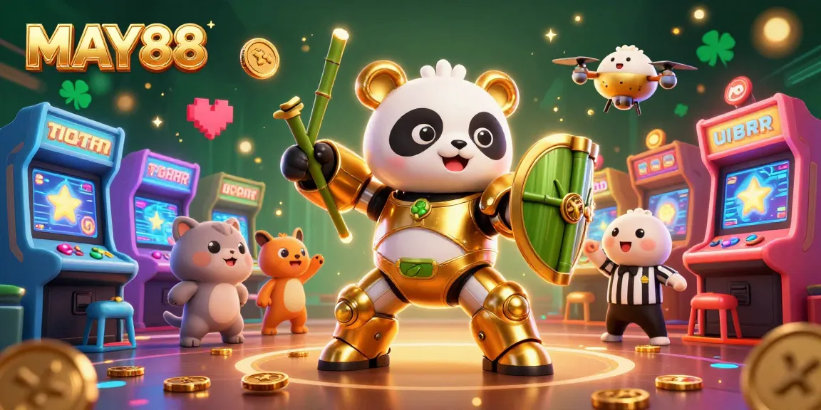 MAY88 showcases a vibrant casino arena with a golden panda in a mech-suit battling, enriched with dynamic gaming elements.