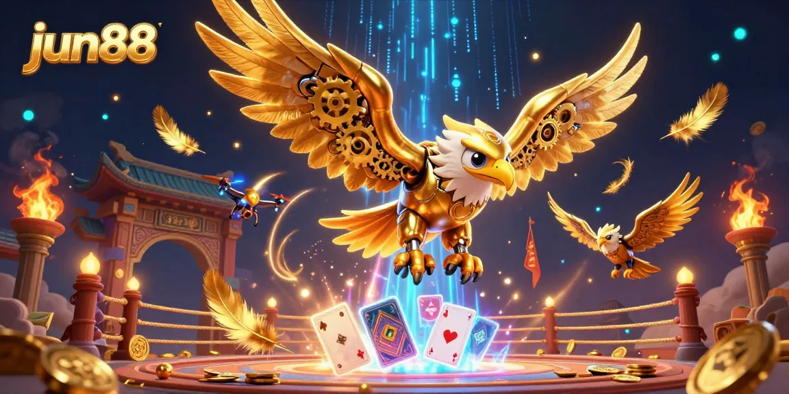 Experience the thrill of jun88 as the golden eagle dives amid holographic playing cards and rich casino elements.
