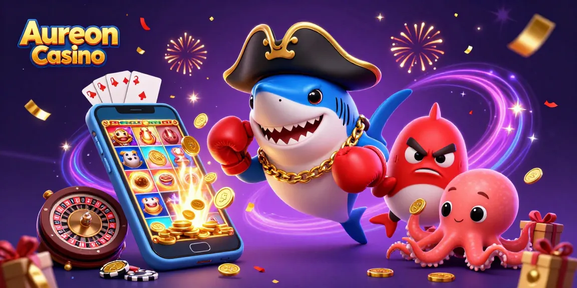 Aureon Casino features a dynamic scene with a cartoon shark, pufferfish, and octopus celebrating casino wins.