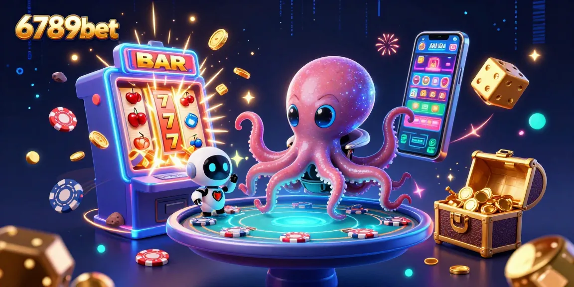 Experience thrilling gaming action at 6789bet with a vibrant scene of an alien octopus and robot amid cosmic casino fun.